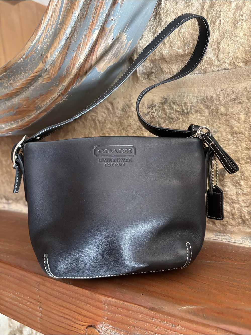 Coach Black Leather Small Messenger Bag with White Stitching